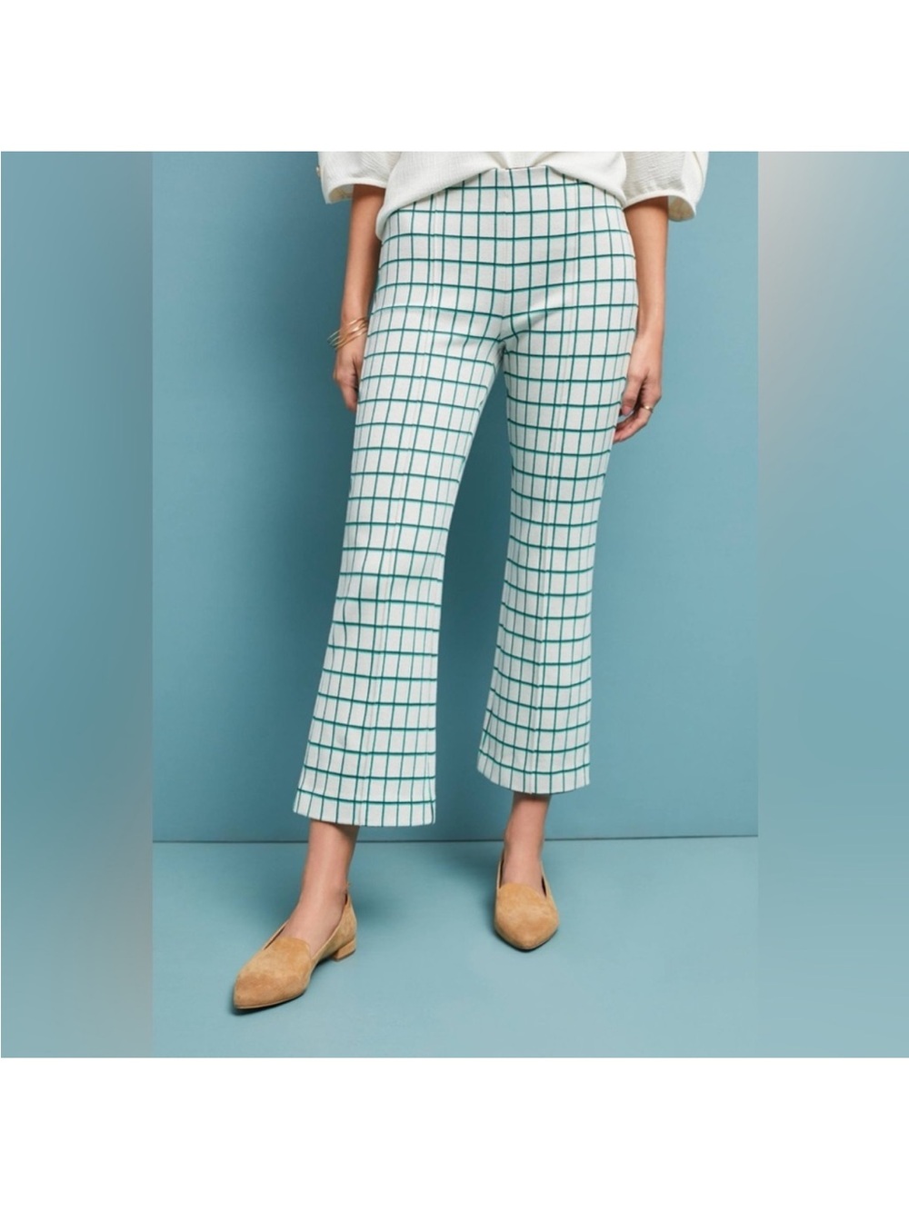 Anthropologie White & Teal Checked Cropped Wide-Leg Pants